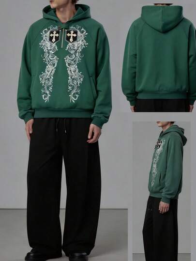 Street Life Herren lässiger, modischer Street Punk Stil Kreuz- und Pflanzen-Muster Raglan Ärmel Halb-Reißverschluss Kapuzen-Fleece-Sweatshirt, warm für Herbst/Winter