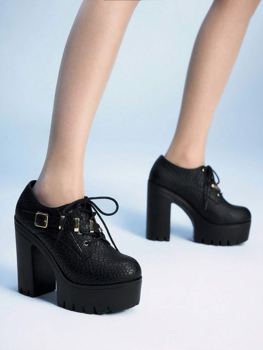 Sugerpunk Women's Fashion Commuter Waterproof Platform Lace-Up Buckle Pumps Valentine's Day - Black - View 1