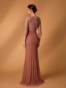 Serin Elegant Luxurious Beaded Sequin Embroidered Mesh Ruched Sheer Sleeve Mermaid Dress, Suitable For Weddings, Parties, Holidays, Formal Events - Coffee Brown - View 4