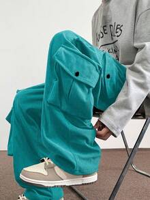 Manfinity Roghcode Men Loose Fit Flap Pocket Side Drawstring Waist Cargo Pants - Green - View 4