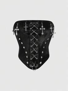 ROMWE Goth 哥特风十字金属框架铆钉链条天鹅绒女式上衣 - 黑色 - 查看 1