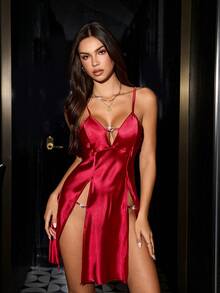 SilkySpell Women's Sexy Feather Satin Robe, High Slit Slip Dress, Alluring Sleepwear Set Red Lingerie Dress Red Satin Pajamas Women Red Night Gown - Burgundy - View 4
