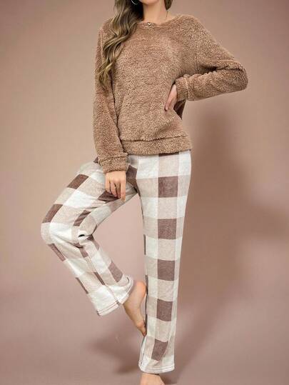 Lazeform 2 件套纯色蓬松运动衫和格子裤睡衣套装，冬季舒适优雅细节，秋冬服装