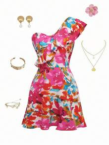 Olithes Women Elegant Floral Printed Ruffle Hem Dress For Vacation Vacation Beach Outfit - Hot Pink - View 1