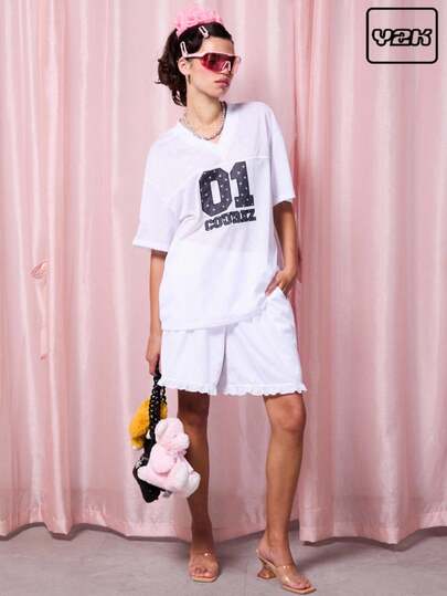 COUREZ Mid Length Sport Shorts With Frill Details /Y2K Summer Clothes Going Out Outfits Streetwear Summer Outfits For Women Cute Gym Vintage