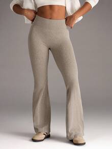 SHEIN BAE 女士高腰纯色无缝喇叭形瑜伽紧身裤 - 卡其色 - 查看 4