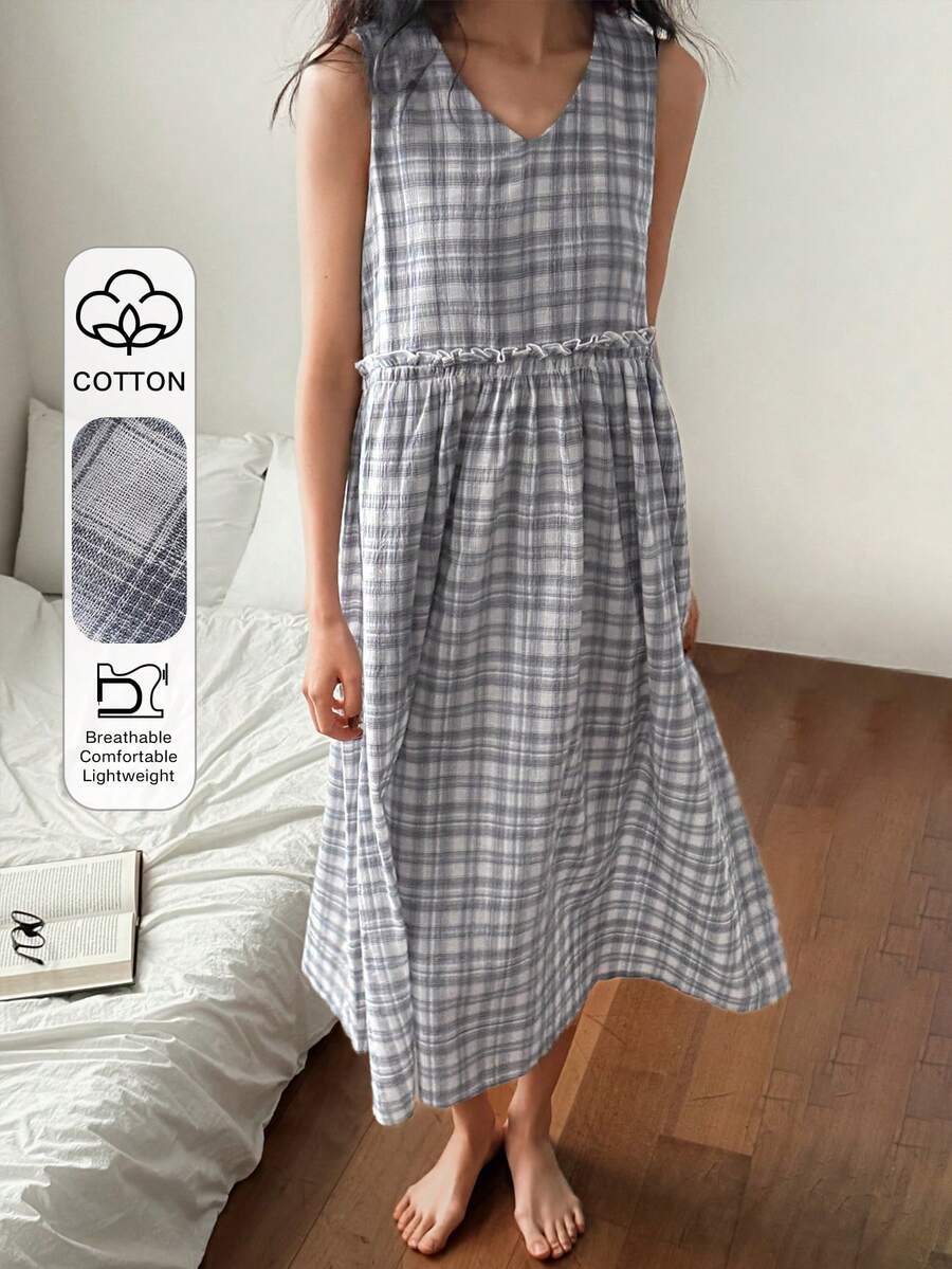 DAZY 女士格子无袖宽松长款睡裙 - 紫色 - 查看 1