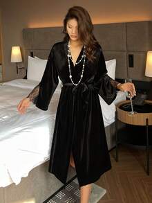 DAZY Charming Velvet & Lace Patchwork Mid-Length Women Robe - Black - View 5