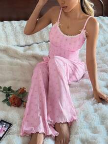 CottageSlumber Pink Camisole & Pants Pajama Set, Hollow Heart Print & Bow Decor For Women Pink Nightgown - Pink - View 3