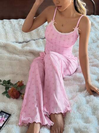 SHEIN Pink Camisole & Pants Pajama Set, Hollow Heart Print & Bow Decor For Women