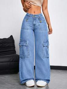 SHEIN Tall Quần jeans nữ ống rộng, kiểu dáng thường ngày, đa năng, có túi nắp và cúc cài phía trước. - Màu xanh lam - Xem 4