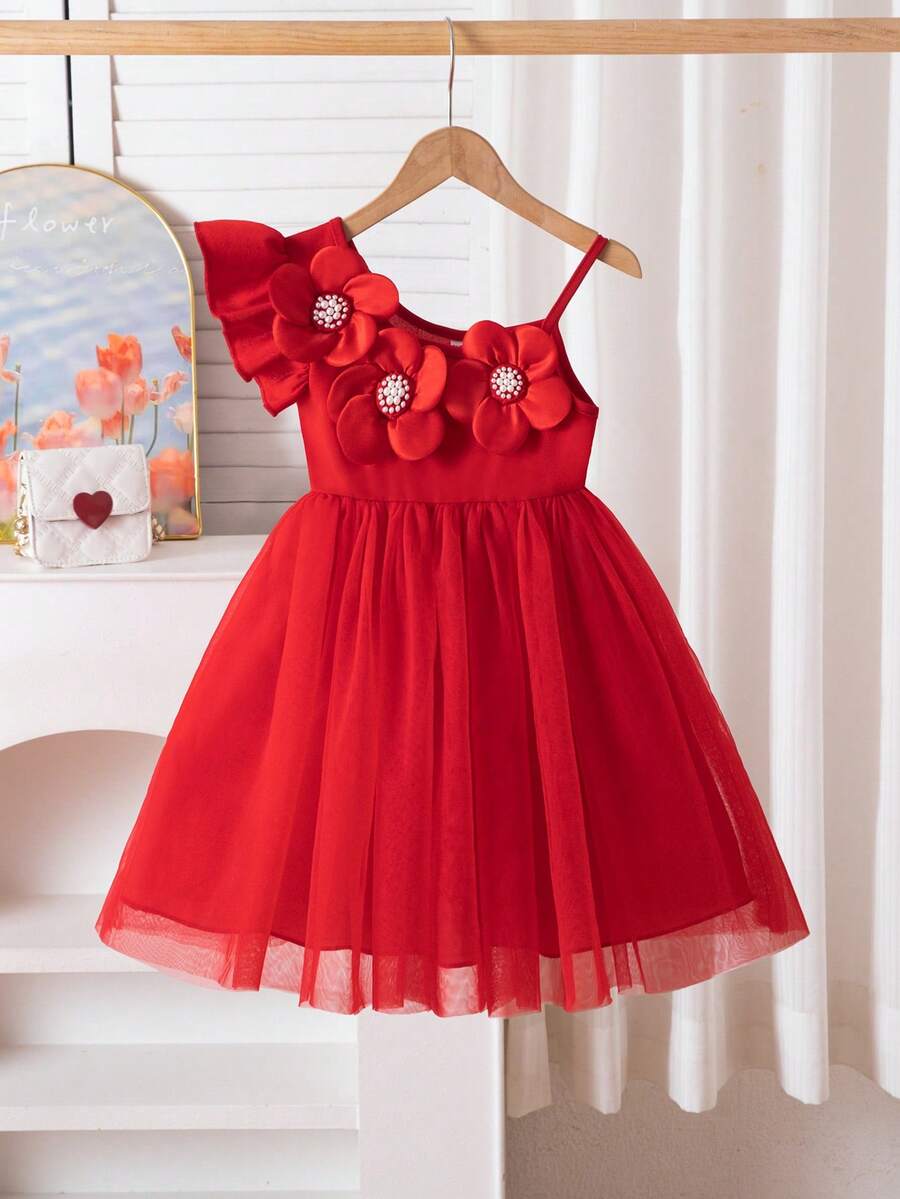 Vestido blanco para niñas con decoración floral 3D con cuentas, cintura ceñida en línea A, adecuado para fiesta de cumpleaños, verano - Rojo - Ver 1