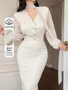 DAZY بلوزة نسائية بأكمام طويلة من الدانتيل وتنورة قلم أنيقة متوسطة الطول مجموعة قطعتين أنيقة - أبيض - مشاهدة 1