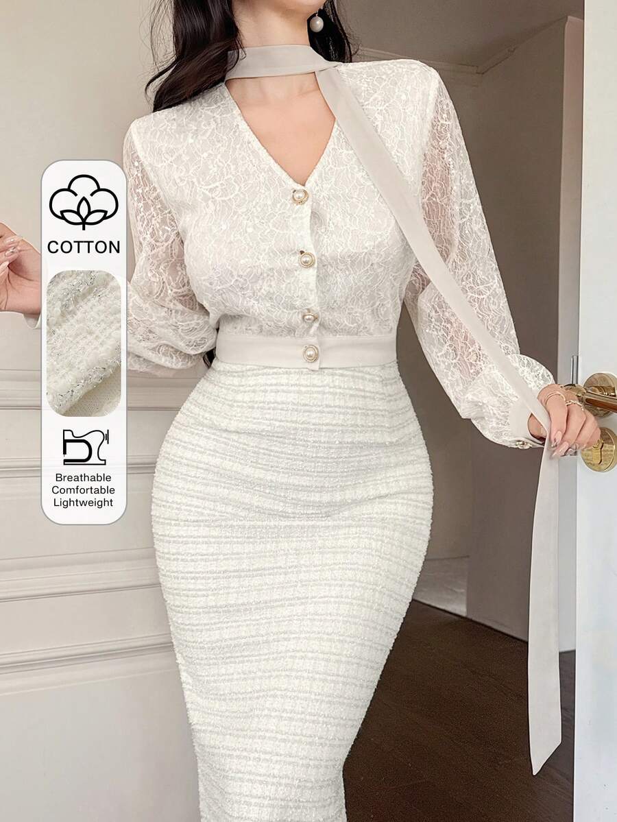 DAZY بلوزة نسائية بأكمام طويلة من الدانتيل وتنورة قلم أنيقة متوسطة الطول مجموعة قطعتين أنيقة - أبيض - مشاهدة 1