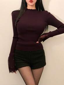 DAZY 女士圆领纯色罗纹休闲通勤长袖毛衣 - 酒紅色 - 查看 5