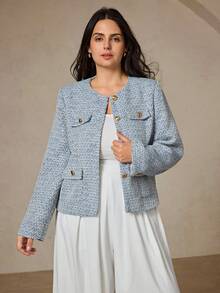 Aveloria Rosie Plus Size Women's Multi-Pocket Round Neck Blazer Jacket, Textured Bouclé Fabric - Multicolor - View 3