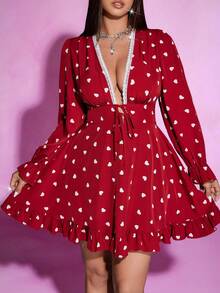 Viva Relle Plus Size Women's Contrast Lace Deep V Neck Heart Pattern Sexy Dress