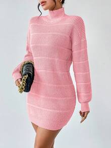 Islaluna Vestido suéter feminino casual de gola alta texturizada e mangas compridas