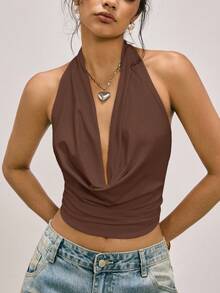 Easelle Black Knit Backless Halter Neck Camisole For Women, Suitable For Music Festivals, Spring/Summer Halter Top Backless Halter Top Backless Tops Crop Top Open Back Tops Brown Halter Top - Brown - View 4