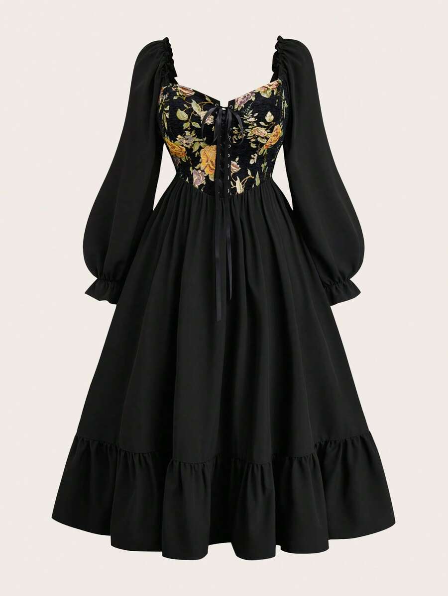 Sweetra 方领镂空长袖提花优雅中世纪复古公主宫廷镂空系带可爱派对A字长裙，适合大码女性 - 黑色 - 查看 1