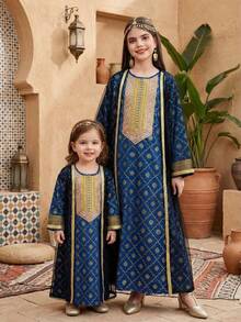 SHEIN رمضان جلابيه  Tween Girl Casual Long Sleeve Mesh Jacket With Dress الملابس التقليدية العربية