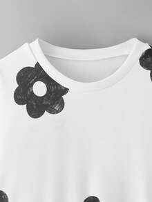 Hanorac cu mânecă lungă și imprimeu floral color block pentru fete, cu guler rotund și imprimeu floral - alb - Vizualizare 4