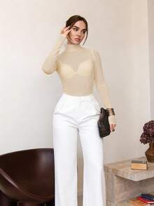 Bris Aura 斯德哥尔摩风格，女教师款，秋季，高领针织衫，优雅秋冬衬衫，网纱长袖衬衫，商务休闲女式基础款上衣 - 杏色 - 查看 3