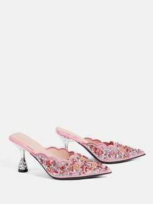 CUCCOO TILAWA Women's Fashion Party Pointed Toe Stiletto Heel Rhinestone Pumps Valentine's Day - Pink - View 3