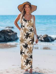 Sylviya Vestido casual de vacaciones de punto elástico con estampado de árbol de hojas para mujer, cómodo y de moda, adecuado para el verano - Multicolor - Ver 3