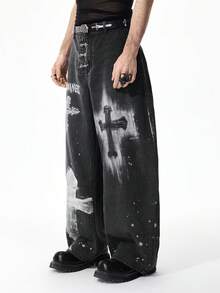 ROMWE MEN Goth 男士数码十字印花飞机扣弯刀牛仔裤 - 黑色 - 查看 4