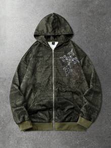 ROMWE MEN 男士休闲十字图案连帽卫衣 - 黑色 - 查看 2