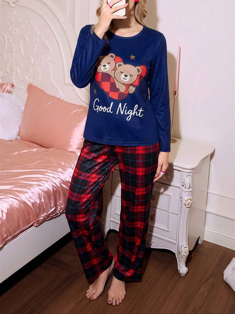 可爱卡通熊格子图案女士睡衣套装 - 彩色 - 查看 1