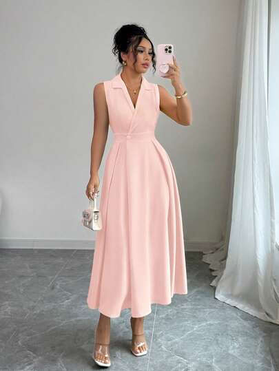 Elenzga Elegant Casual Sleeveless Lapel Button-Up Long Dress For Women Summer Elegant Dress