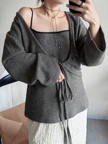 FRIFUL 女士纯色长袖系带开衫和吊带背心休闲两件套家居服套装 - 灰色 - 查看 2