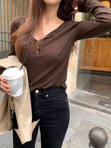 DAZY Camiseta casual de mujer de manga larga con cuello en V - Marrón - Ver 7