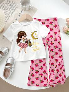 SHEIN 2件套女童休闲卡通月亮、星星和花朵图案圆领短袖上衣和喇叭裤套装，适合夏季穿着 - 彩色 - 查看 2