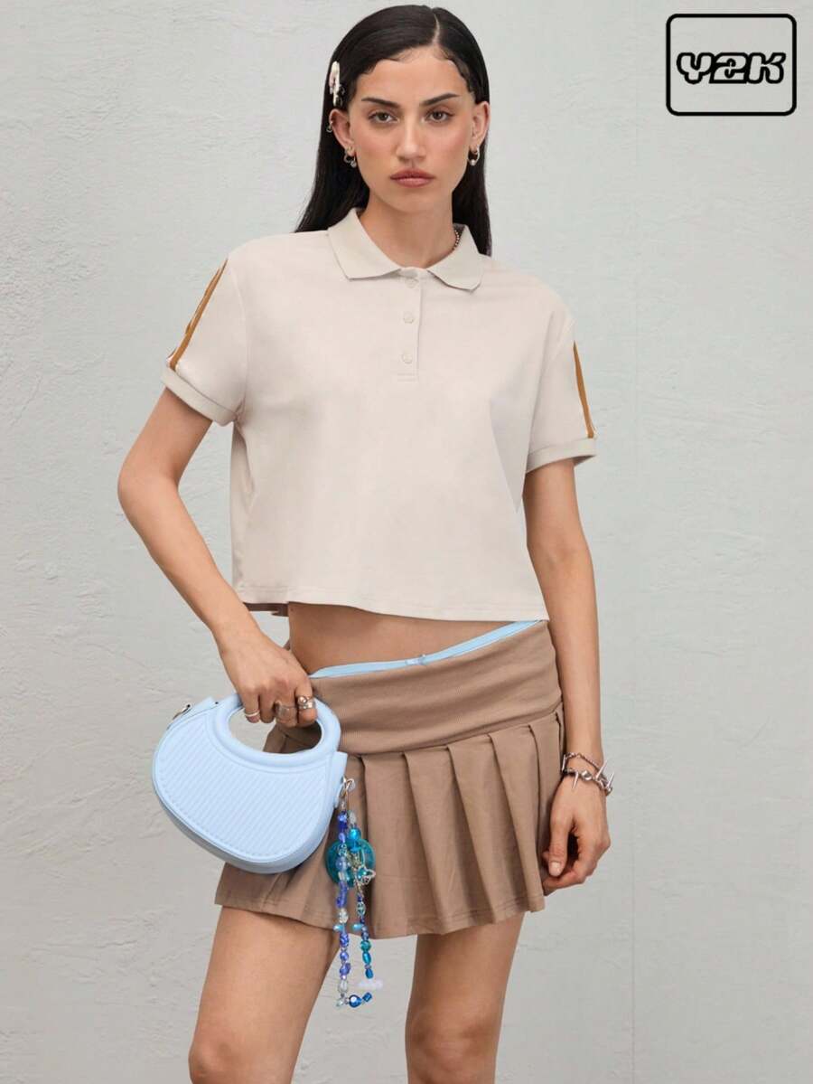 COUREZ 条纹宽松 Polo 衫,女士夏季上衣,休闲外出上衣,Y2K 复古风 - 灰色 - 查看 1