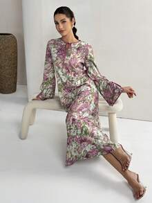 Yasmyna 女士印花系带领口开衩袖休闲派对阿拉伯风格连衣裙 - 彩色 - 查看 3