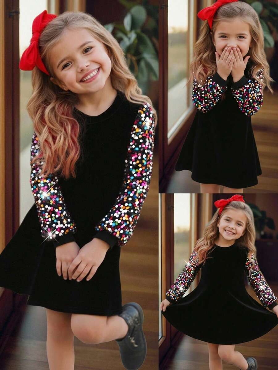 SHEIN Emery Rose Kids Young Girl's Elegant Patchwork Sequin Sleves Beaded Velvet Party Dress, Woven Lantern Hemline Snug Fit Dress, Elegant Long Sleeve Cake Dress With Shorts Inside, Suitable For Autumn And Winter, Red For Christmas, Party Wear, Daily Wear School Daily, Birthday Dress, Princess Dress, Mom And Daughter & Sisters Matching - Black - View 1