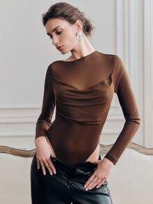 Anewsta Women's Summer Long Sleeve Bodysuit, Slimming Bodysuit With Hidden Buttons, Waist Cinching, Tight Fit, Shaping, Tummy Control, Sexy Mesh Bodysuit - Brown - View 1