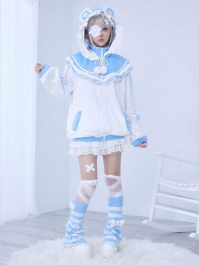 Anime Damen süßer zweifarbiger Spitzenbesatz Bären Ohren 2D Kapuzen-Sweatshirt