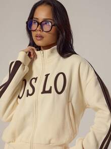 MUSERA High Nexk Zip Through. Side Stripe Graphic Jumper Spring, Girly, Day Outfits, Cute, Casual Sweet Pea - Light Yellow - View 1