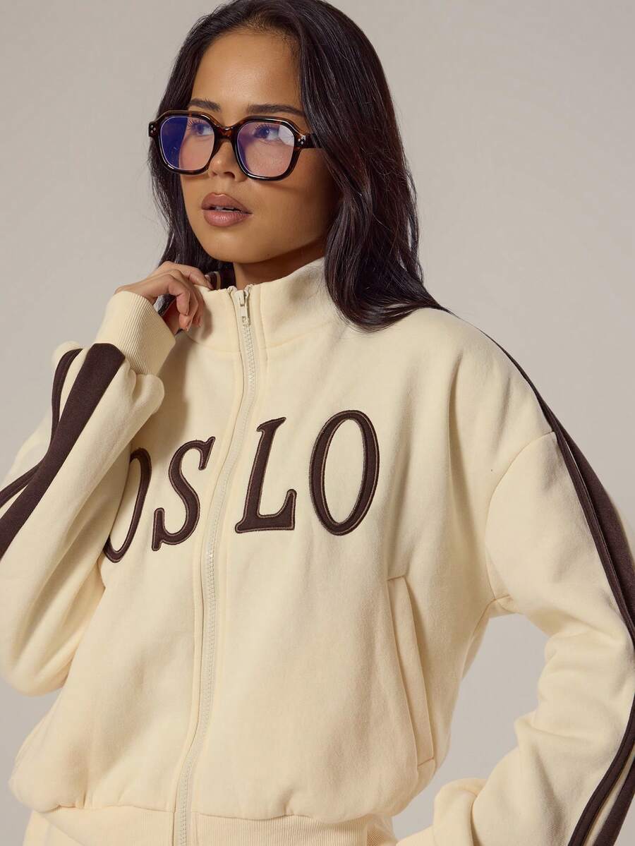 MUSERA High Nexk Zip Through. Side Stripe Graphic Jumper Spring, Girly, Day Outfits, Cute, Casual Sweet Pea - Light Yellow - View 1