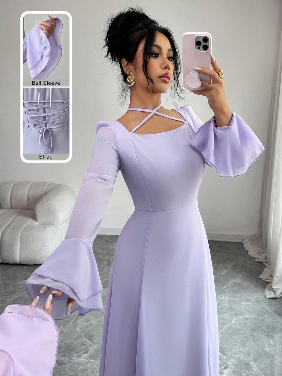 Modelyn 1件女士优雅精致时尚喇叭袖方领藏蓝色连衣裙长款女装 - 紫色 - 查看 1
