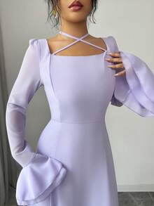 Modelyn 1件女士优雅精致时尚喇叭袖方领藏蓝色连衣裙长款女装 - 紫色 - 查看 5