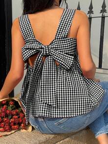 SHEIN EZwear 女士夏季度假休闲格子印花吊带背心 - 黑與白 - 查看 2