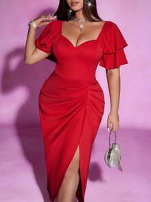 Viva Relle 大码性感深V领长袖连衣裙，适合情人节、约会、派对等场合 - 紅色 - 查看 2