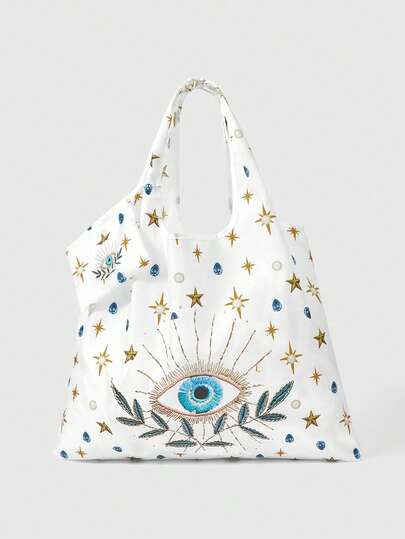 ROMWE Fairycore 1个时尚眼形星空图案收纳袋，大容量可折叠手提袋，带零钱包