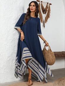 EMERY ROSE Damen gestreiftes Patchwork Rundhals Kurzarm Lässig Loose Kleid - marineblau - View 3