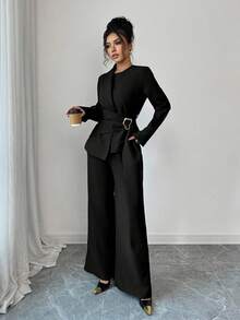 Elenzga 女士纯色长袖不对称下摆衬衫，腰部配有搭扣，搭配阔腿裤，优雅两件套 - 黑色 - 查看 3